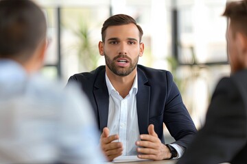 Serious businessman talking to colleagues during meeting in office. Group of businesspeople sitting at table and discussing something. Communication concept