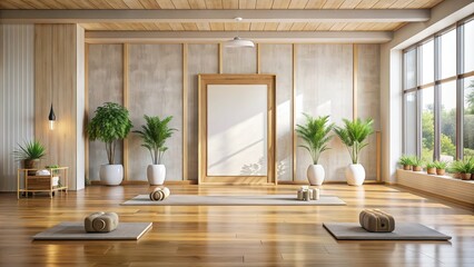 A serene yoga studio with wooden frame mockups presenting inspirational quotes in calming fonts, yoga, studio, serene