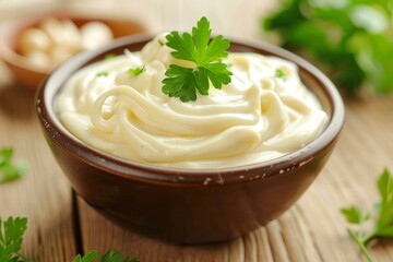 Fresh homemade mayonnaise in a bowl, garnished with parsley leaves