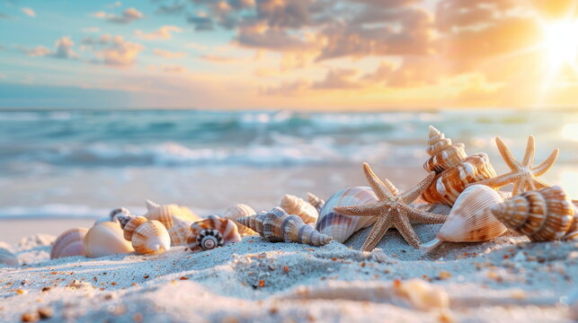 many shells and starfish on white sand with beautiful ocean background