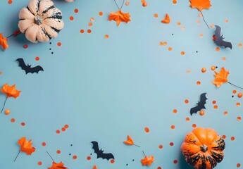 Halloween Pumpkin Bats Confetti Blue Background