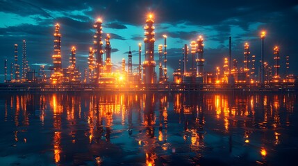 Fototapeta premium Industrial petrochemical factory infrastructure with oil refinery, storage tanks, and a demand price chart for market analysis