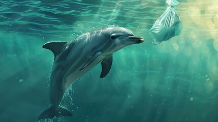 Obraz premium A dolphin encountering a plastic bag while swimming in the sea.