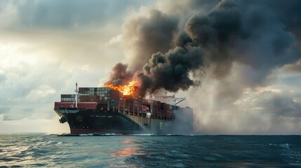 Fototapeta premium A large container ship on fire in the middle of the ocean, with thick smoke rising