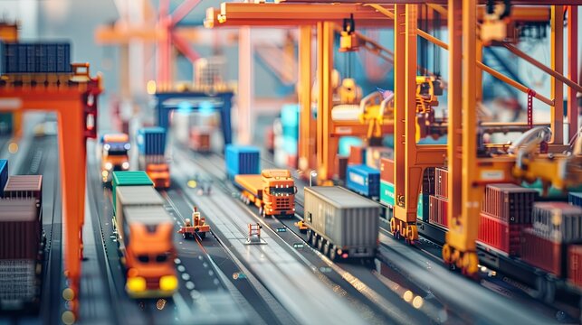 A modern intermodal container yard with cranes and trucks.