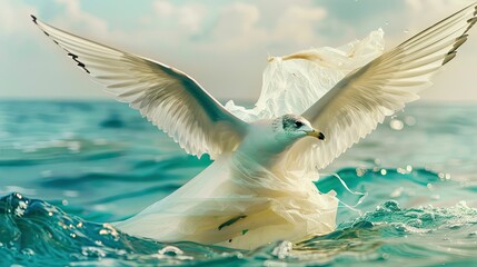 A seabird caught in a plastic bag while flying over the sea.
