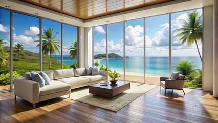 Fototapeta premium Modern living room with wide window and sea view in a tropical island, rendering, modern, living room
