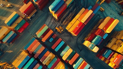 Aerial view of a busy shipping port with colorful containers stacked high.