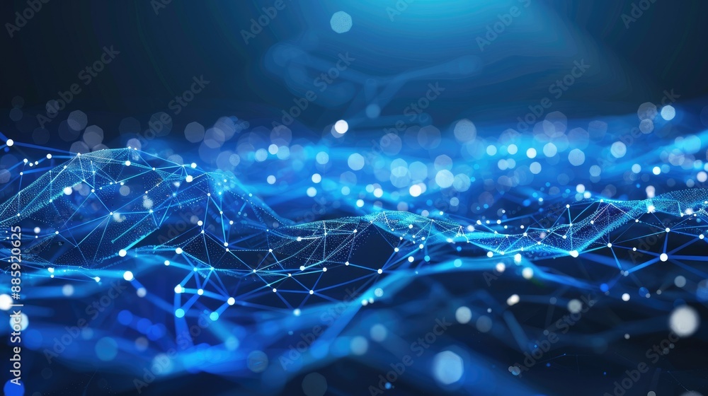 Poster blue technology backdrop with interconnected glowing dots and lines representing a sustainable econo