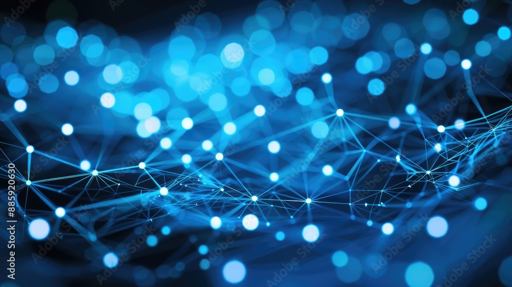 Poster blue technology backdrop with interconnected glowing dots and lines representing a sustainable econo