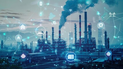 Clean energy symbols overlaid on a smoke-emitting factory, representing the push for sustainability