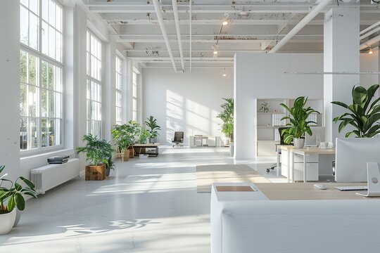 Modern Office Space with White Walls and Large Windows, Featuring Computers on Desks, Open Plan Area for Team Collaboration, and Plants for a Green and Inviting Environment