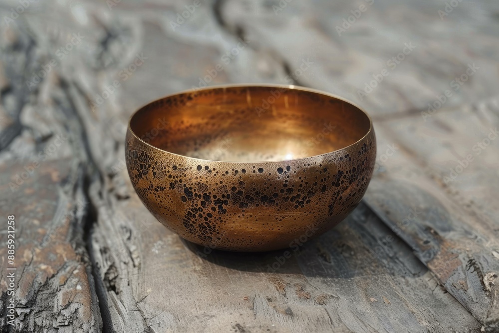 Poster empty bronze bowl with a hammered design is resting on a rustic wooden surface