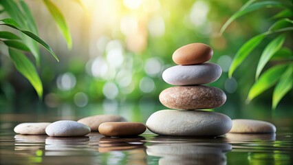 Obraz premium A serene arrangement of smooth stones in a peaceful setting, balance, tranquility, relaxation, mindfulness, zen, calmness