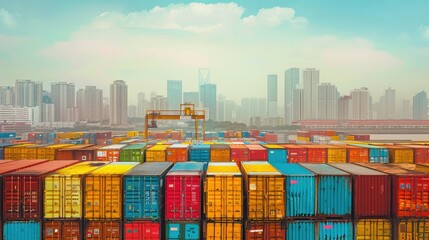 Fototapeta premium Rows of colorful containers with a city skyline in the background.