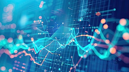 Obraz premium Sustainable economy visualized with glowing dots, lines, and geometric shapes on a blue tech background