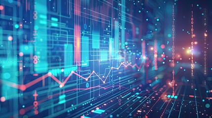 Fototapeta premium Sustainable economy visualized with glowing dots, lines, and geometric shapes on a blue tech background
