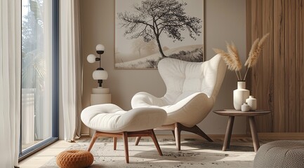 Elegant wooden frame featuring a soft cream and beige toned tree illustration.