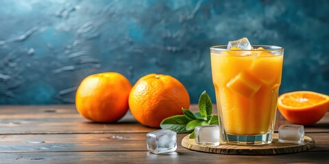 Refreshing orange juice in a glass with ice , Fresh, citrus, drink, cold, summer, beverage, healthy, vitamin C