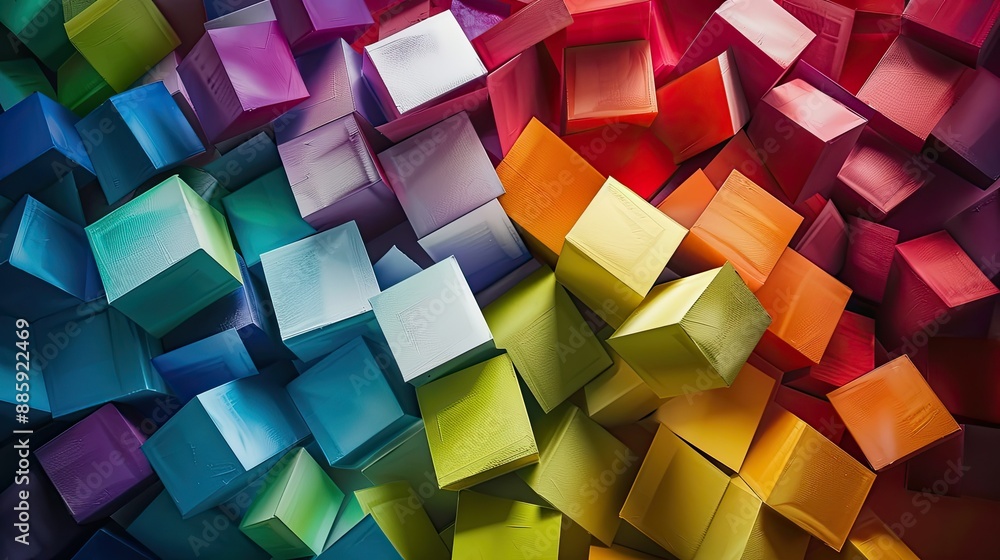 Poster abstract cubes in different colors creating a visually stimulating and modern artistic composition.