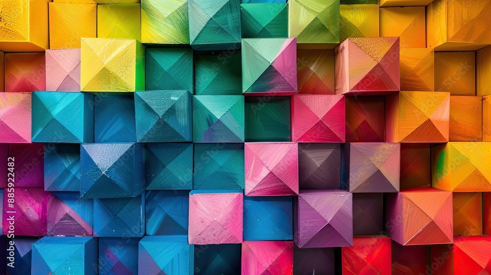 Poster abstract geometric cubes in a spectrum of colors, arranged to create a visually captivating artistic