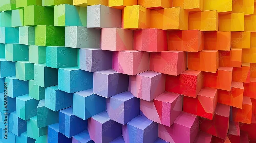 Poster abstract geometric cubes in a spectrum of colors, arranged to create a visually captivating artistic