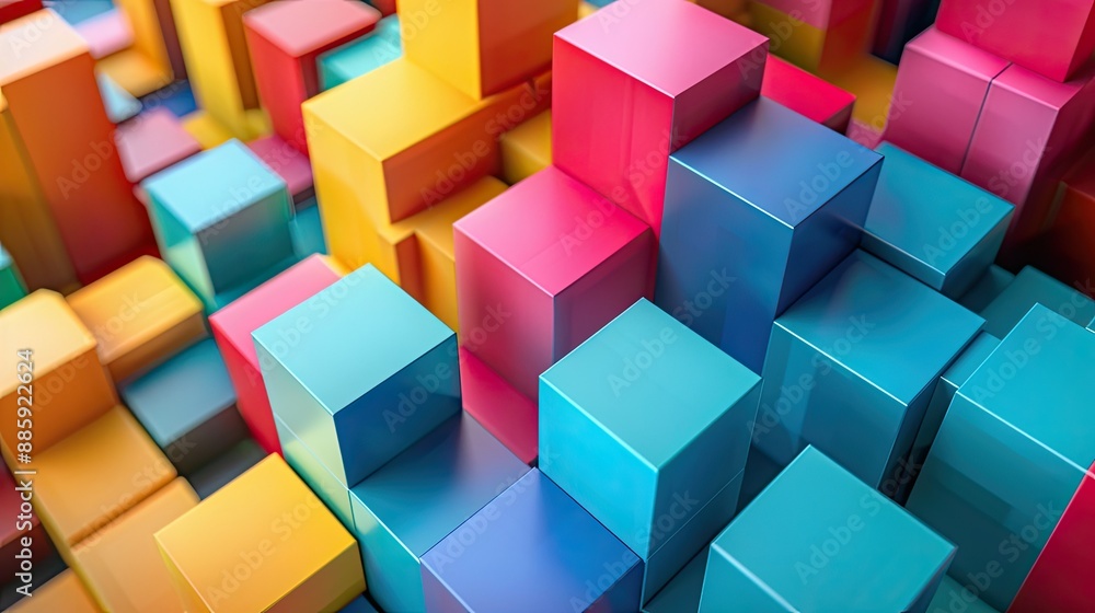 Poster array of abstract cubes in contrasting colors, arranged artistically to emphasize geometric shapes a