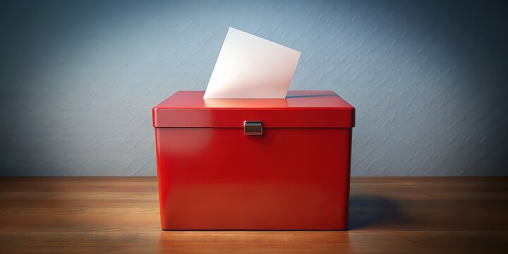 Red ballot box with a blank voting paper on a background , election, voting, democracy, decision, choice, vote