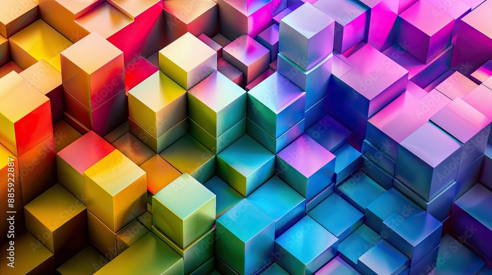 Poster colorful geometric cubes arranged in an abstract pattern, symbolizing creativity and artistic expres