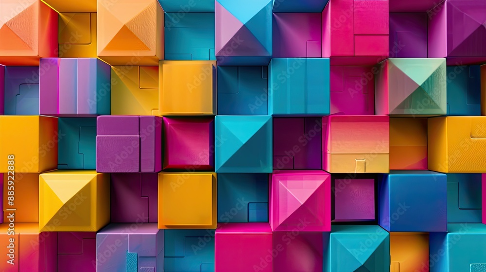 Poster colorful geometric cubes arranged in an abstract pattern, symbolizing creativity and artistic expres