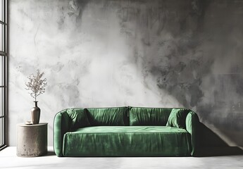 Modern Minimalist Living Room with Green Velvet Sofa