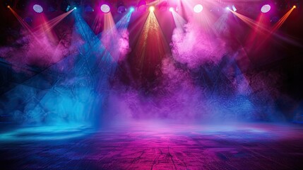 Empty stage with vibrant, colorful backdrop and spotlights, ready for a performance