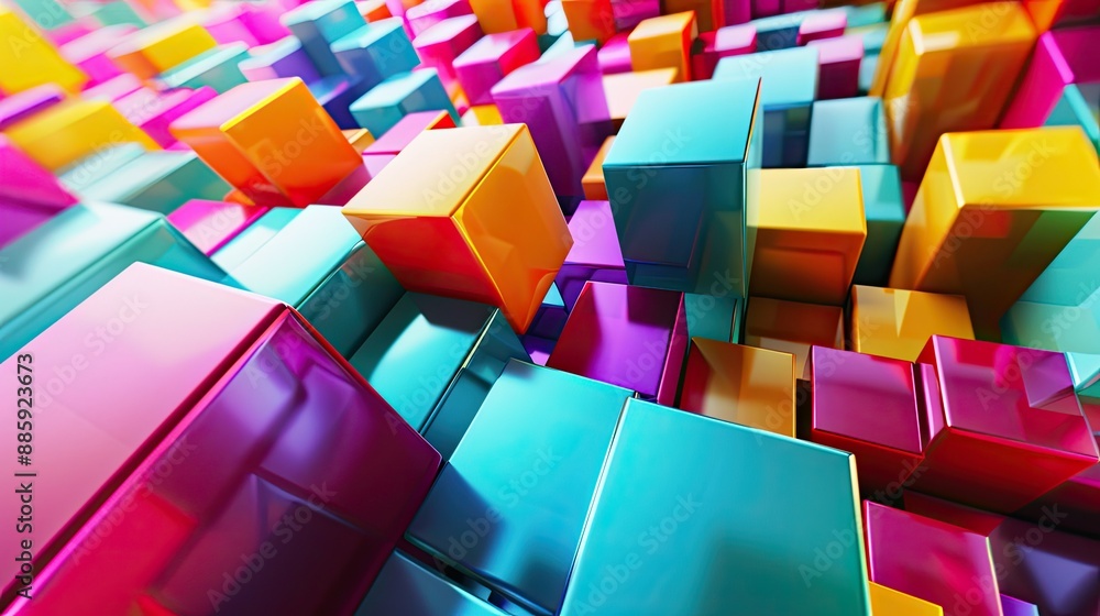 Poster group of colorful abstract cubes arranged in a dynamic composition, ideal for modern art and design 