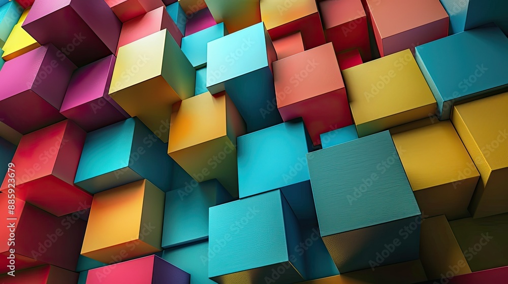 Poster group of colorful abstract cubes arranged in a dynamic composition, ideal for modern art and design 