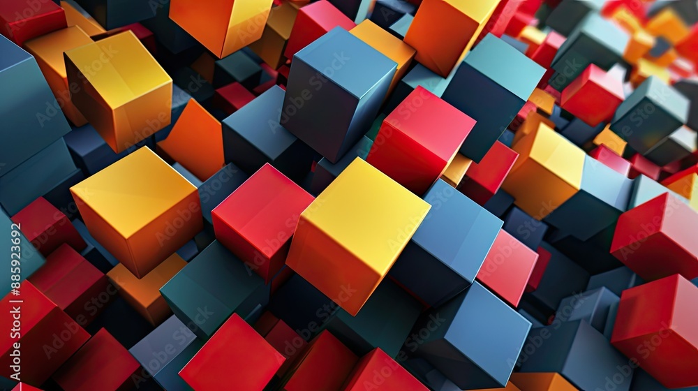 Poster group of colorful abstract cubes arranged in a dynamic composition, ideal for modern art and design 