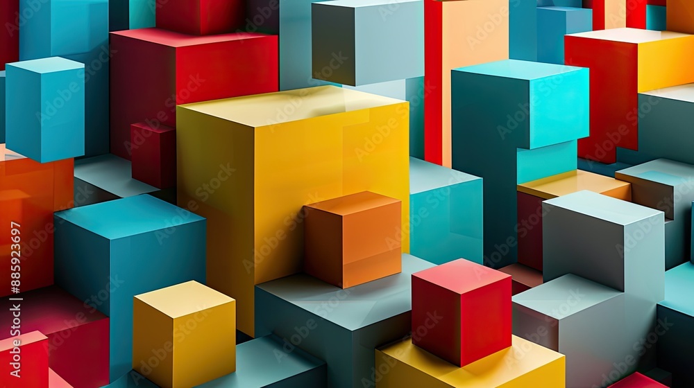 Poster group of multicolored abstract cubes overlapping in a creative arrangement, perfect for modern art c