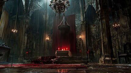 Obraz premium Gothic throne room with a red candle centerpiece, surrounded by dark decor