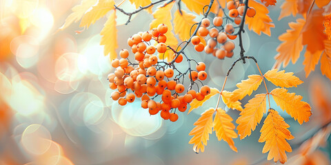 rowan tree branch with berries and yellow leaves on blurred background, generative AI