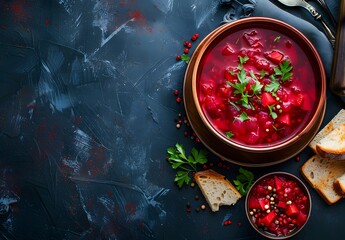 Vibrant Red Borscht Soup with Bread Slices