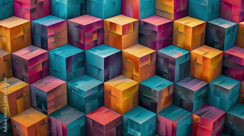 Poster set of multicolored geometric cubes forming a visually striking abstract pattern, perfect for creati