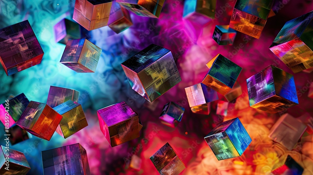 Poster set of vividly colored abstract cubes floating in space, showcasing modern digital artwork and desig