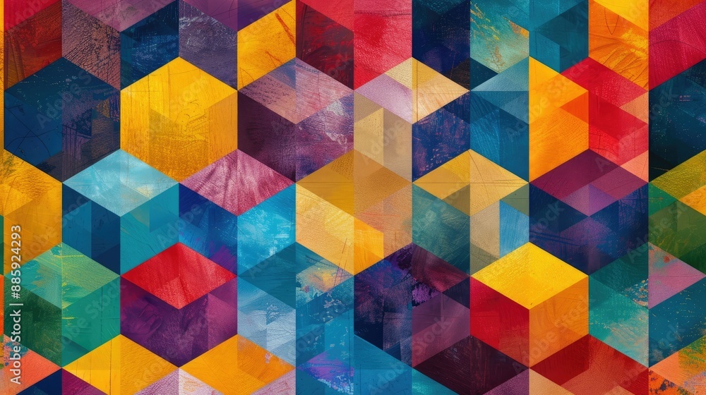 Poster set of multicolored geometric cubes forming a visually striking abstract pattern, perfect for creati