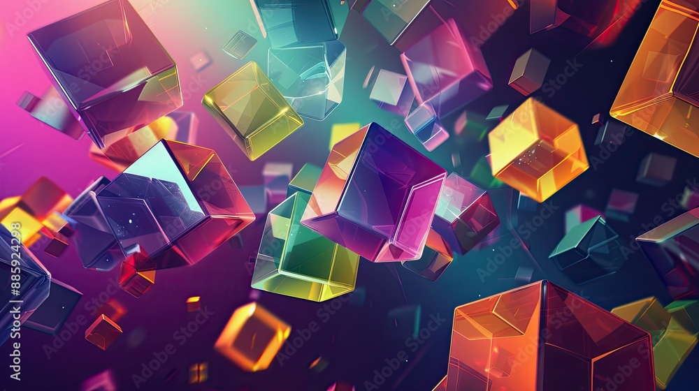 Poster set of vividly colored abstract cubes floating in space, showcasing modern digital artwork and desig