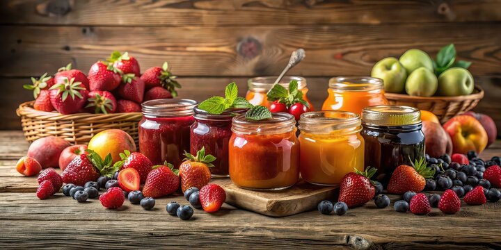 Rustic fruit jam and fresh fruit display on wooden table, bodegon, mermelada, frutas, frescas, naturales, tabla, r?stico