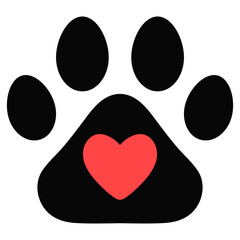 Paw print with red heart icon isolated on white background.