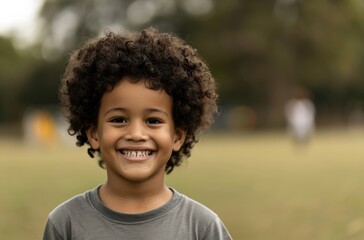 Happy young boy with curly hair smiling outdoors in a park on a sunny day, capturing joyful childhood moments.