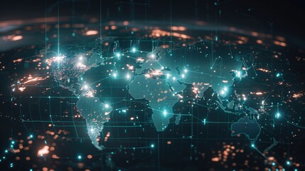 Naklejka premium Advanced logistics interface over a world map, city nodes glowing with connectivity.