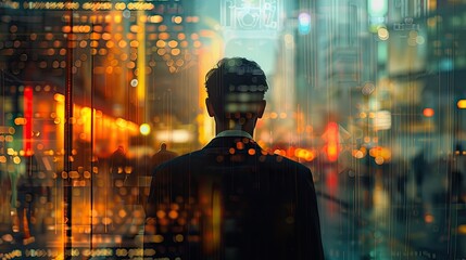 Back of a businessman at dawn, urban cityscape seamlessly overlaid.