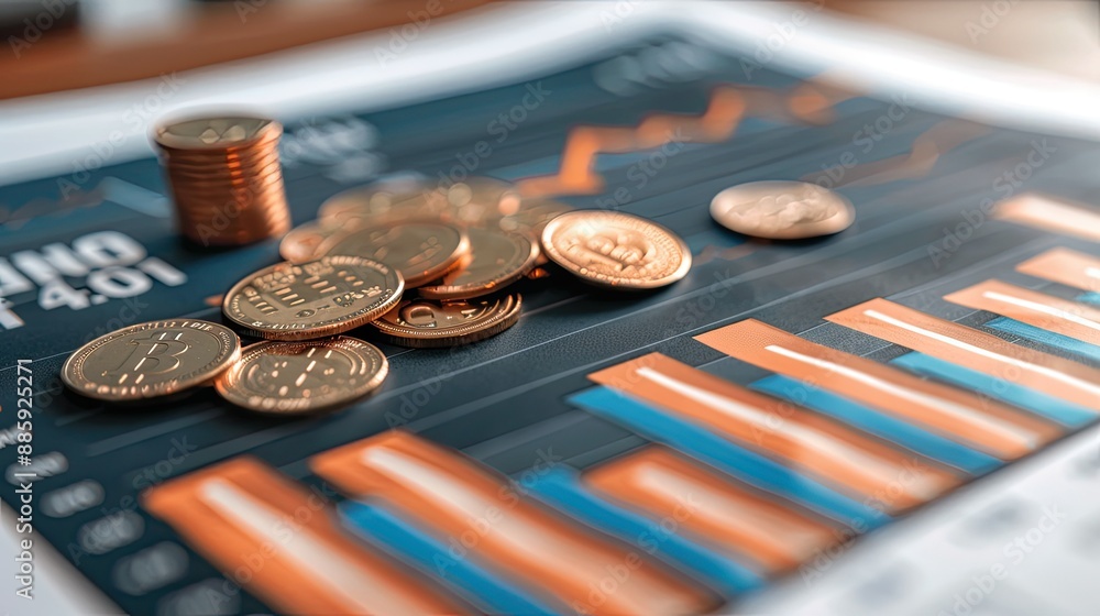 Poster coins arranged in a graph shape on a report with financial charts.