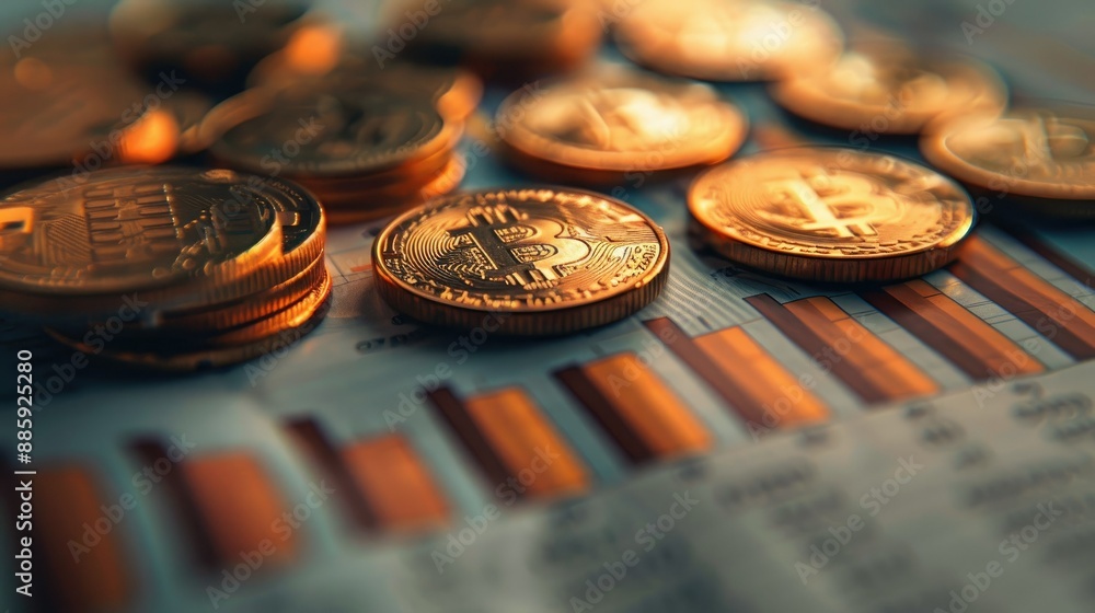 Poster coins arranged in a graph shape on a report with financial charts.